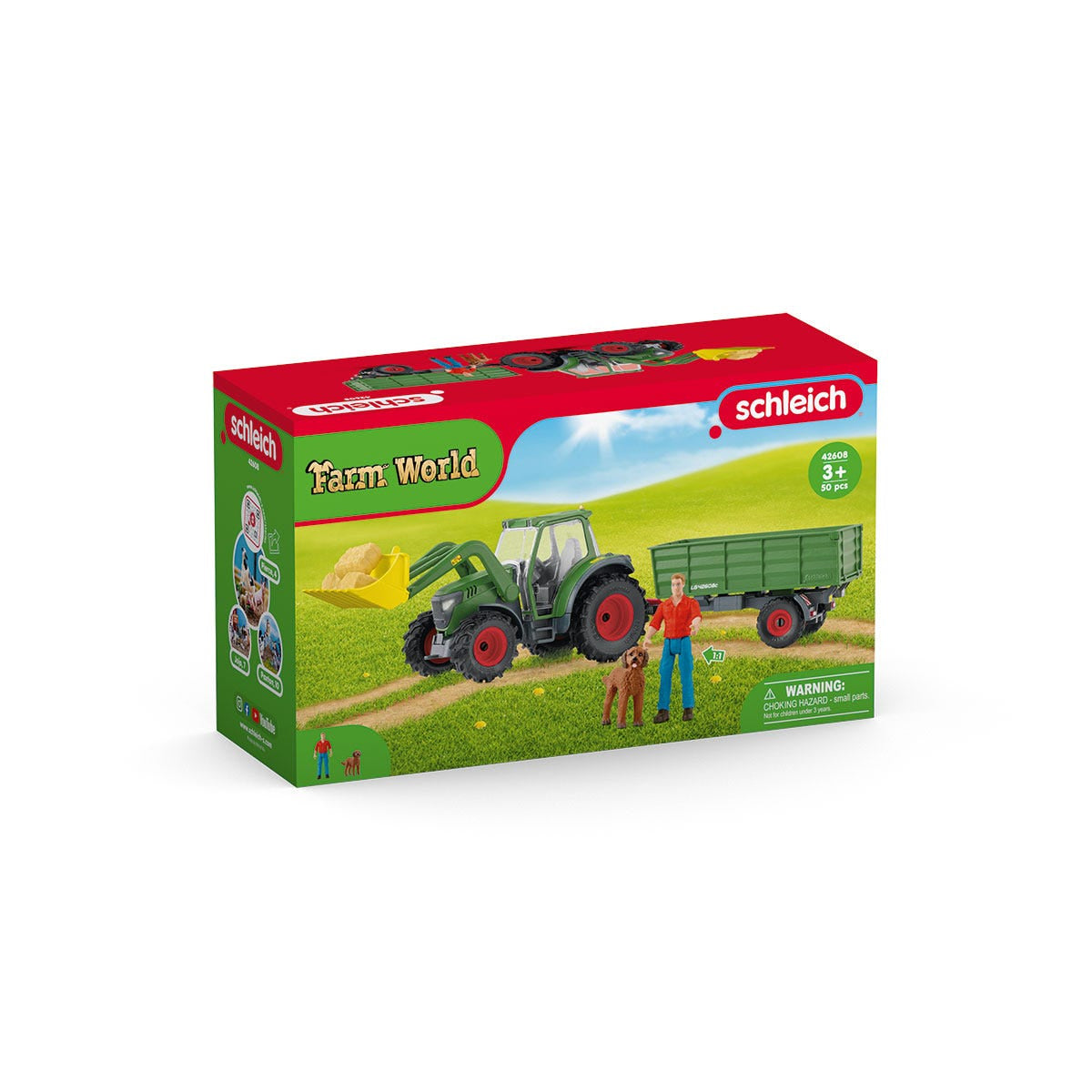 Tracteur et remorque, Coffre schleich avec 1 tracteur, 1 rremorque, 1 figurine humaine articulée, 1 figurine chien, pour enfants