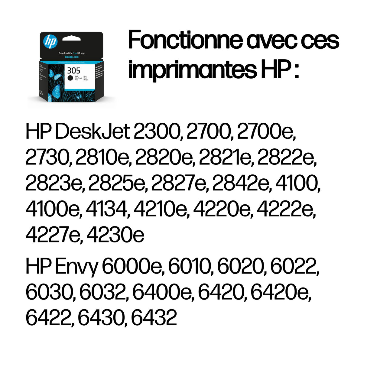 HP 305 Cartouche d'encre noire authentique (3YM61AE) pour HP DeskJet 2300/2700/2810/Plus4100/4222/4230, HP Envy 6000/Pro 6400
