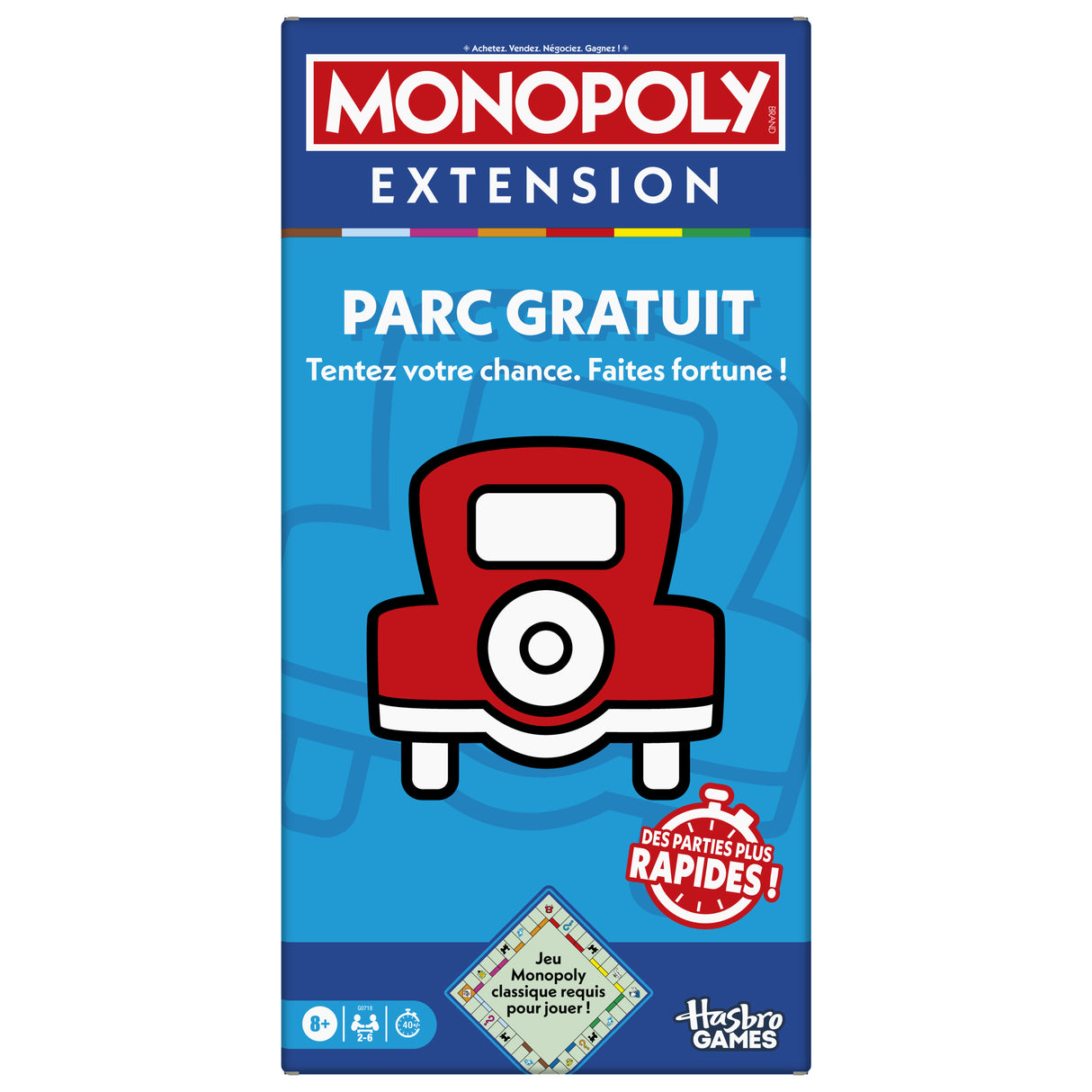 Monopoly Extension Parc gratuit, rend le jeu Monopoly classique plus amusant et plus rapide, 2 a 6 joueurs, 40 minutes, jeux de plat