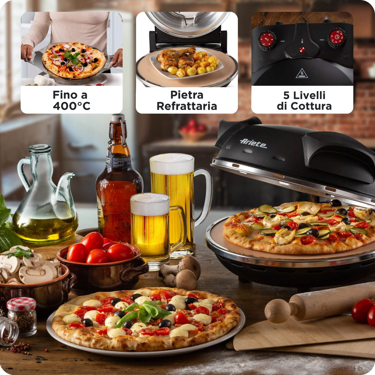 Pizza électrique ARIETE - 917 - Noir - Pierre réfractaire - 1200W - Diametre 33cm - Température max 400°C