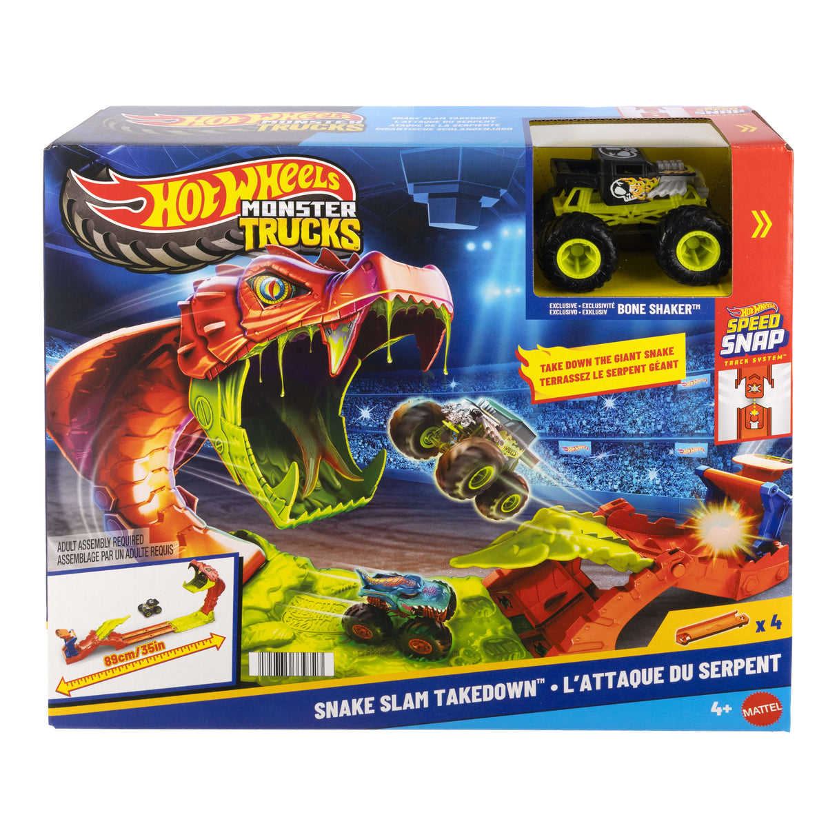 Coffret Monster Trucks - JJN44 - Bone Shaker inclus - 4 pistes 15 cm - Lanceur et éléments repositionnables