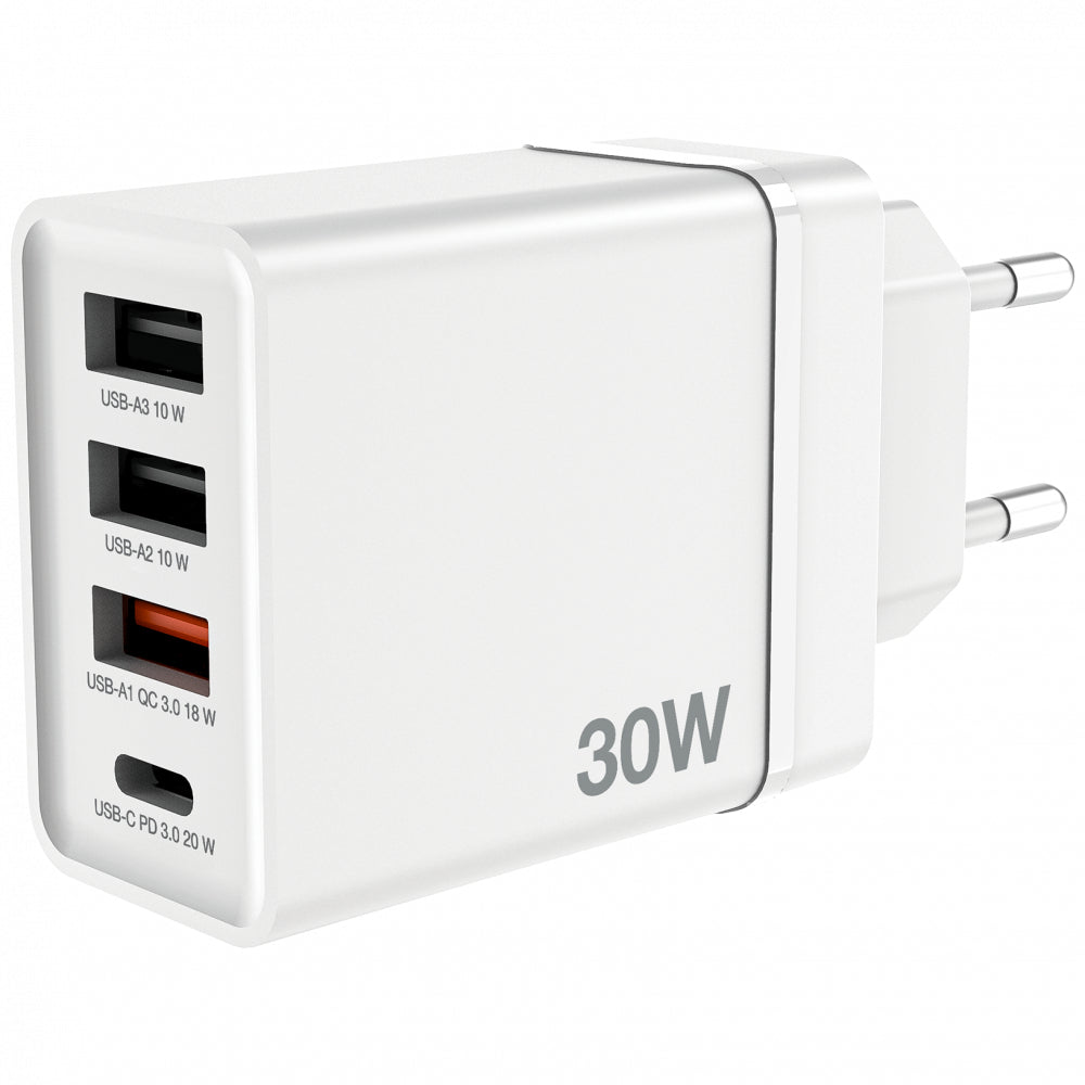 Chargeur secteur Verbatim GaN 3x ports USB-A + 1x port USB-C 30W (Blanc)