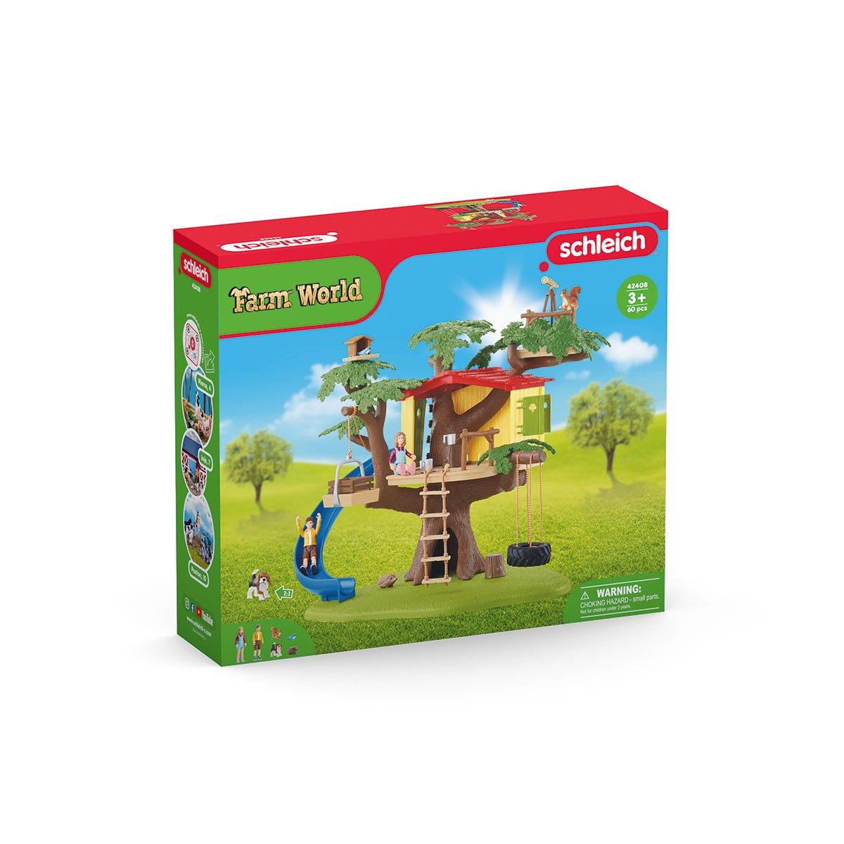 Cabane aventure dans les arbres, coffret de 60 pieces détaillées avec balançoire, 2 figurines d'enfant et figurines d'animaux,