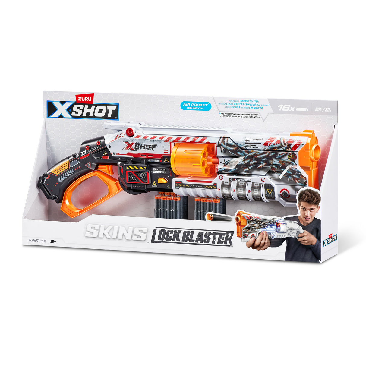 Blaster Verrouillable - ZURU - XSHOT Skins Lock Gun - Blaster avec combinaison de verrouillage et canon rotatif a 8 fléchettes