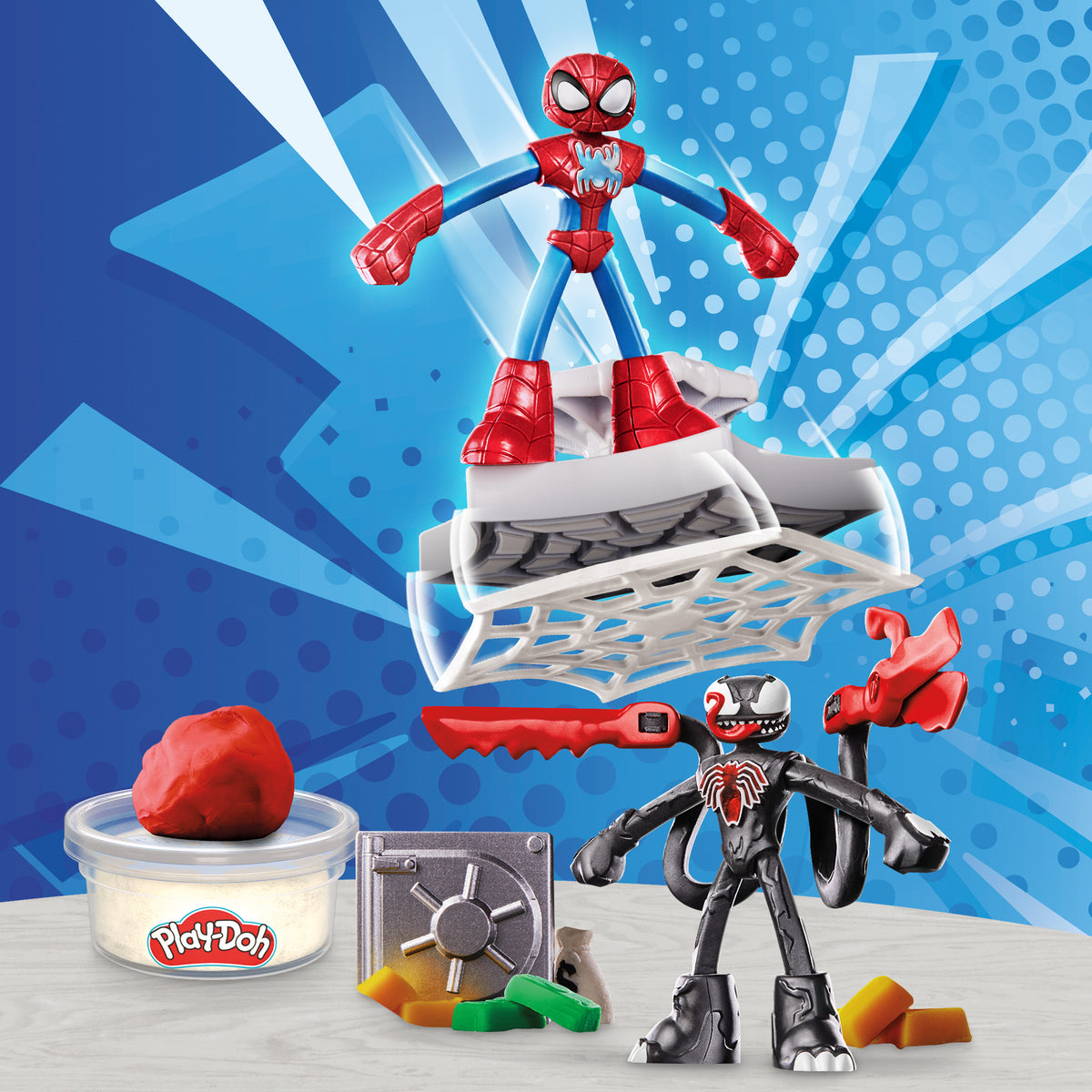 Play-Doh SpiderMan Attaque tranchante, coffret avec 2 figurines flexibles, 7 accessoires et pâte a modeler, des 4 ans, Marvel