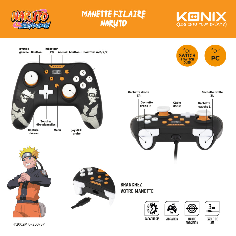 Manette filaire - KONIX - Naruto Shippuden Nintendo Switch / Switch 2 / PC - Fonction vibration - Câble 3 m - Motif Naruto - Noir