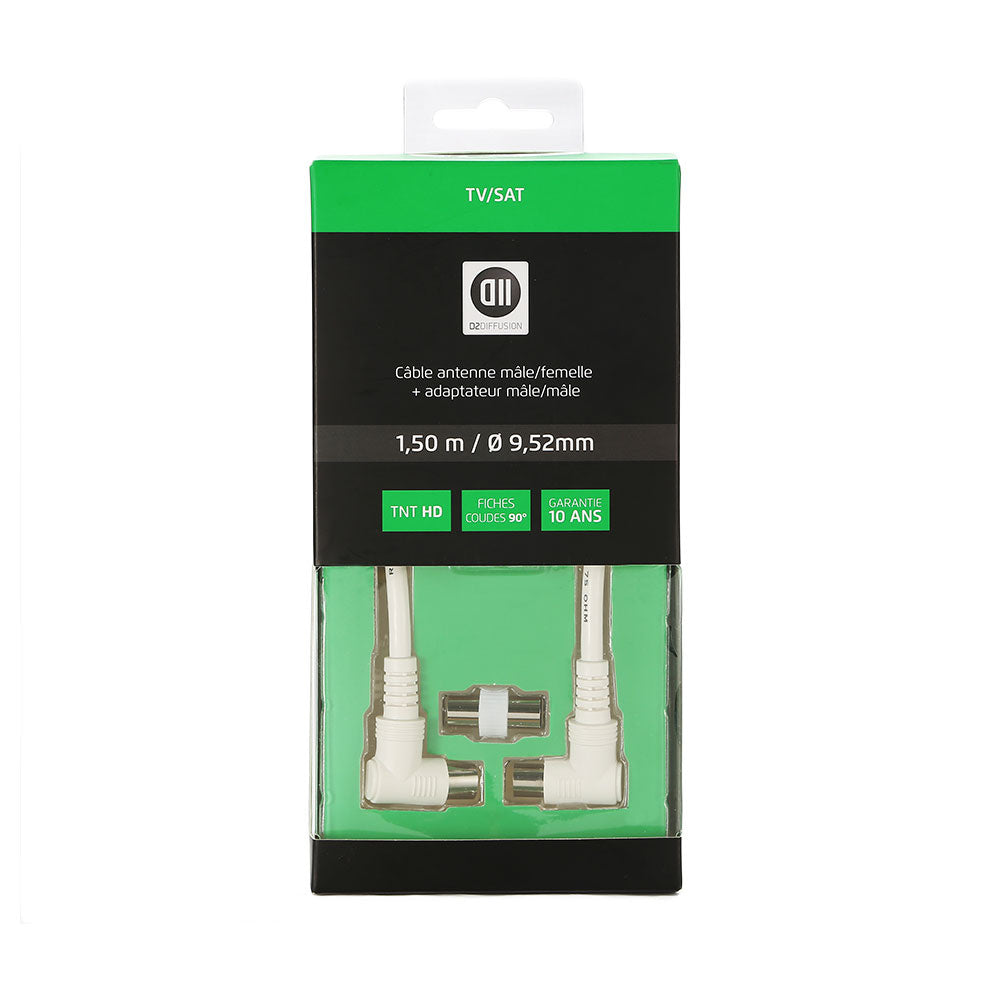 C ble Coaxial m le/femelle Fiches coudé à 90 des 2 c tés 1.50 m Blanc 9.52 mm