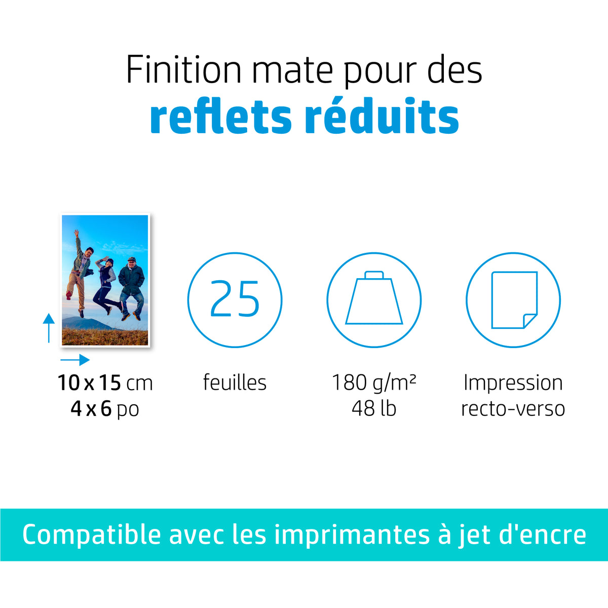 Papier photo mat HP - 180 g/m2 - 10 x 15 cm - 25 feuilles (7HF70A)