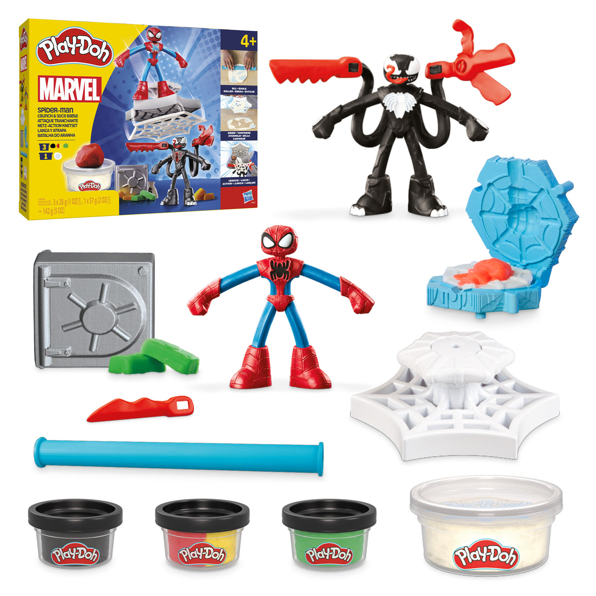 Play-Doh SpiderMan Attaque tranchante, coffret avec 2 figurines flexibles, 7 accessoires et pâte a modeler, des 4 ans, Marvel