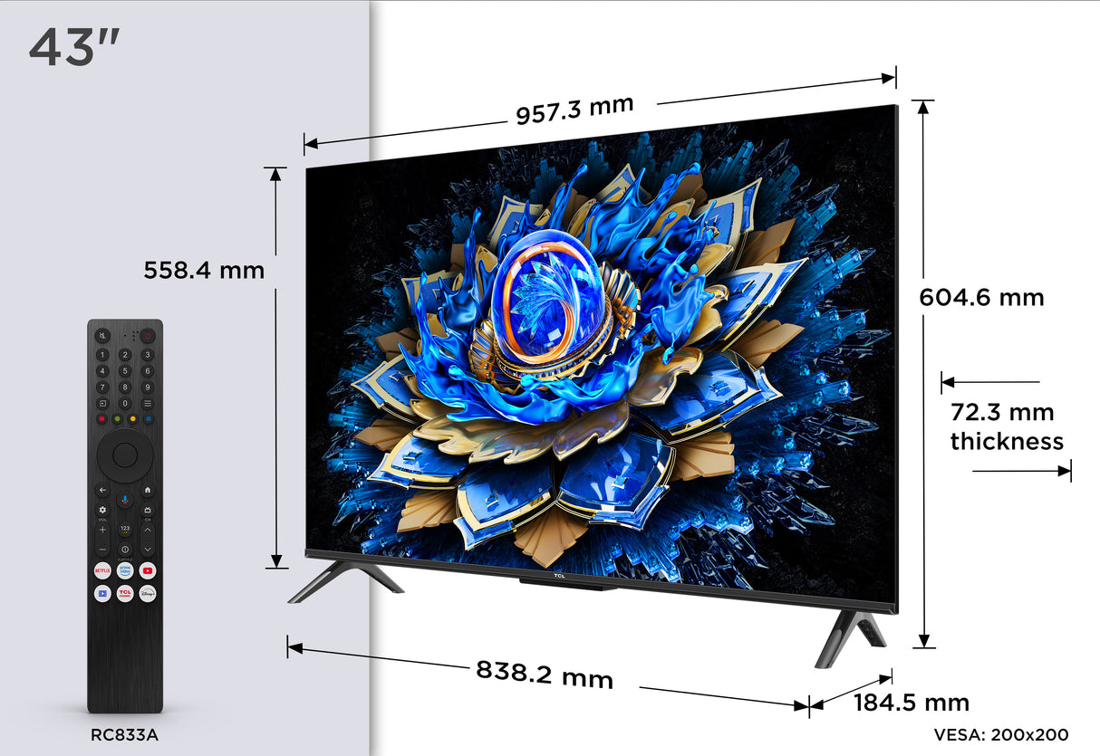TCL 43T69C - TV QLED 43 (109 cm) - 4K UHD 3840x2160 - HDR10+ - Android TV - 3xHDMI 2.1 - WiFi