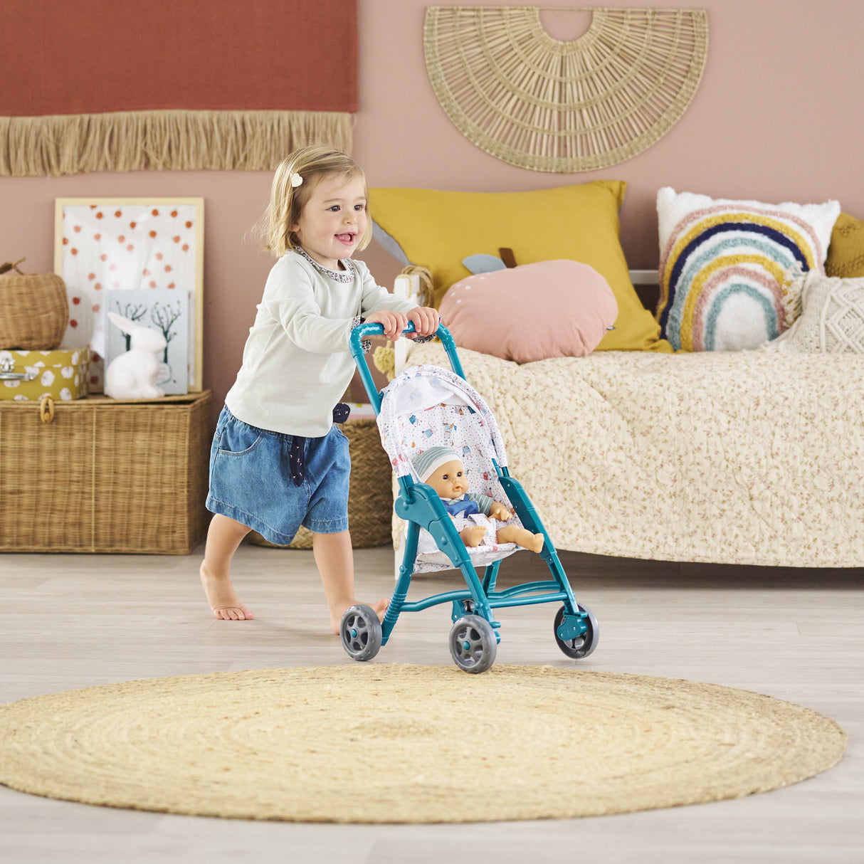 Poussette oursons - COROLLE - Accessoire Poupon 30cm - Bleu - Légere et facile d'utilisation