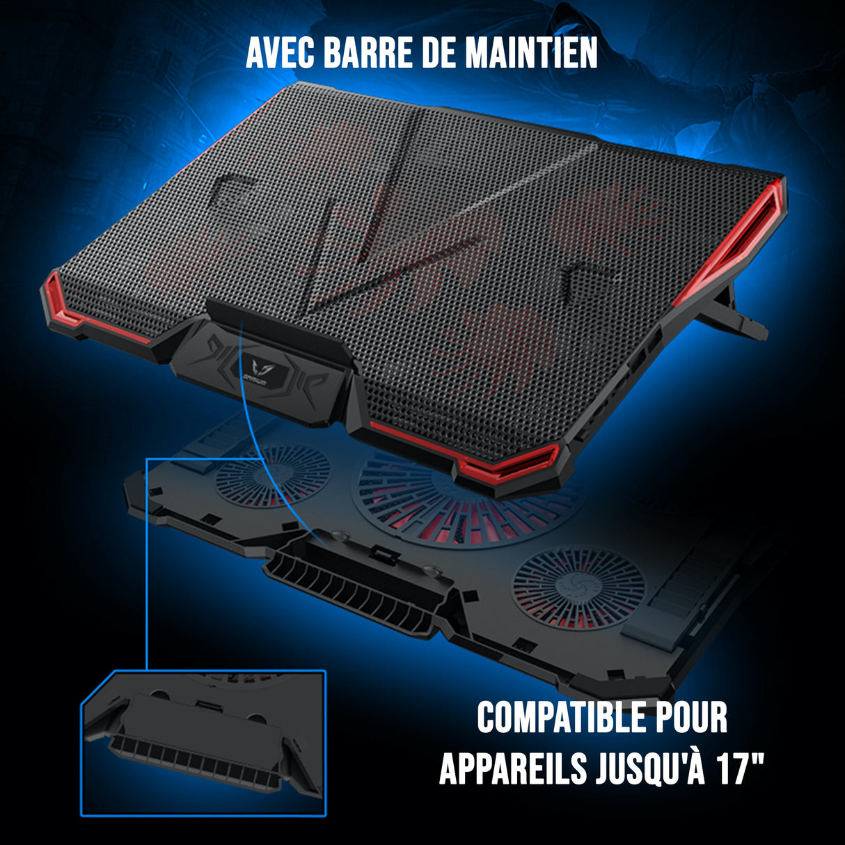 Refroidisseur Gamium pour PC jusqu'à 17'' - 5 ventiltateurs Leds rouge et 2 port