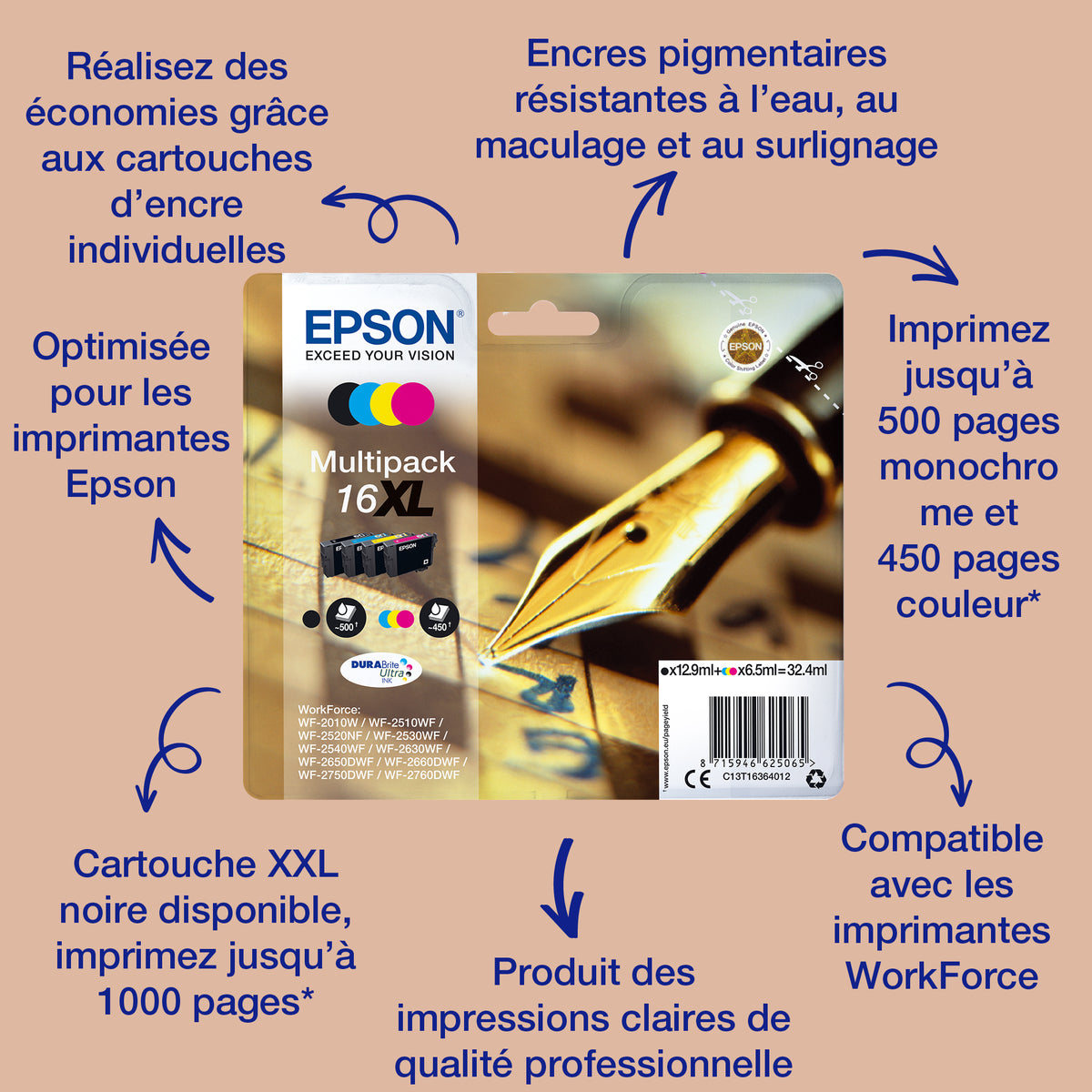 EPSON Multipack 16 XL - Stylo plume - Noir, Cyan, Jaune, Magenta (C13T16364022)
