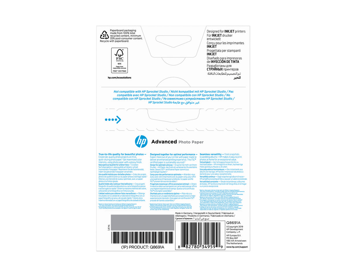 Papier photo HP Advanced brillant sans bordure - 25 feuilles/10 x 15 cm
