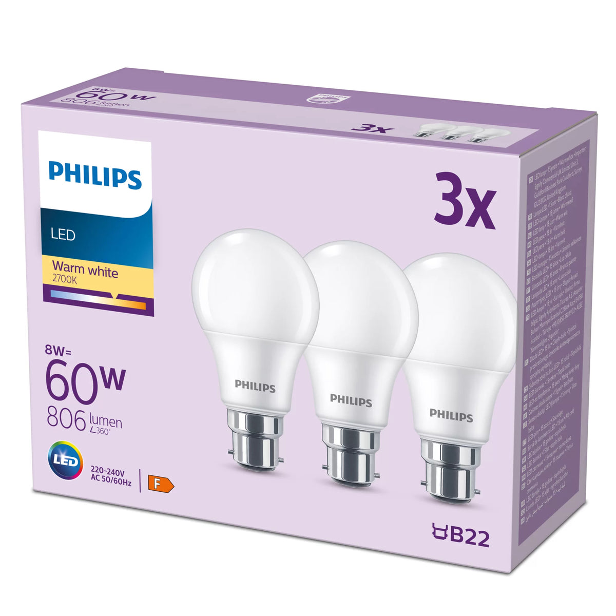 Ampoule LED - PHILIPS - 60 W - B22 - Blanc chaud - Dépolie - Non-Dimmable - 3 pieces