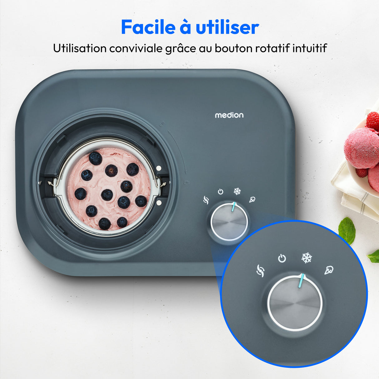 MEDION Machine a glace avec compresseur (convient pour la préparation de cremes glacées, yaourts glacés & sorbets, 1 litre, 100