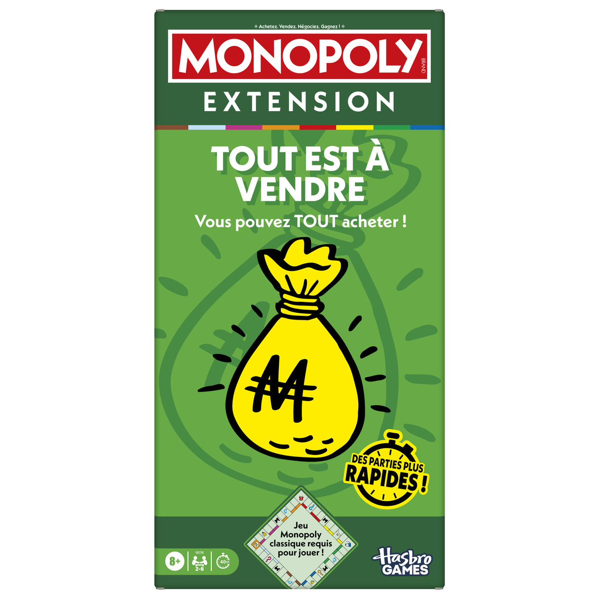 Monopoly Extension Tout est a vendre, rend le jeu Monopoly classique plus amusant et plus rapide, jeux de plateau, 2 a 6 joueurs, 40