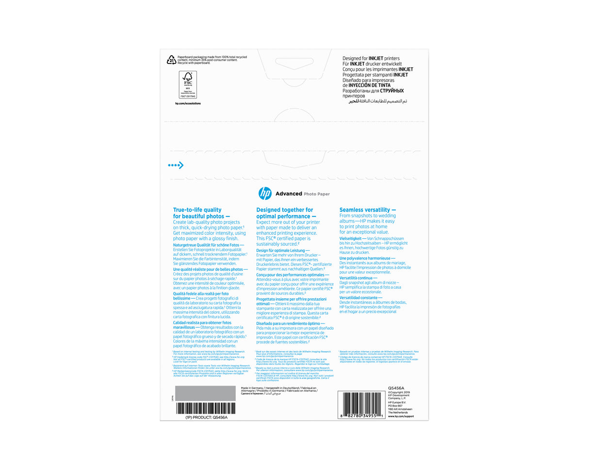 Papier photo HP Advanced a finition brillante - 25 feuilles/A4/210 x 297 mm (Q5456A)