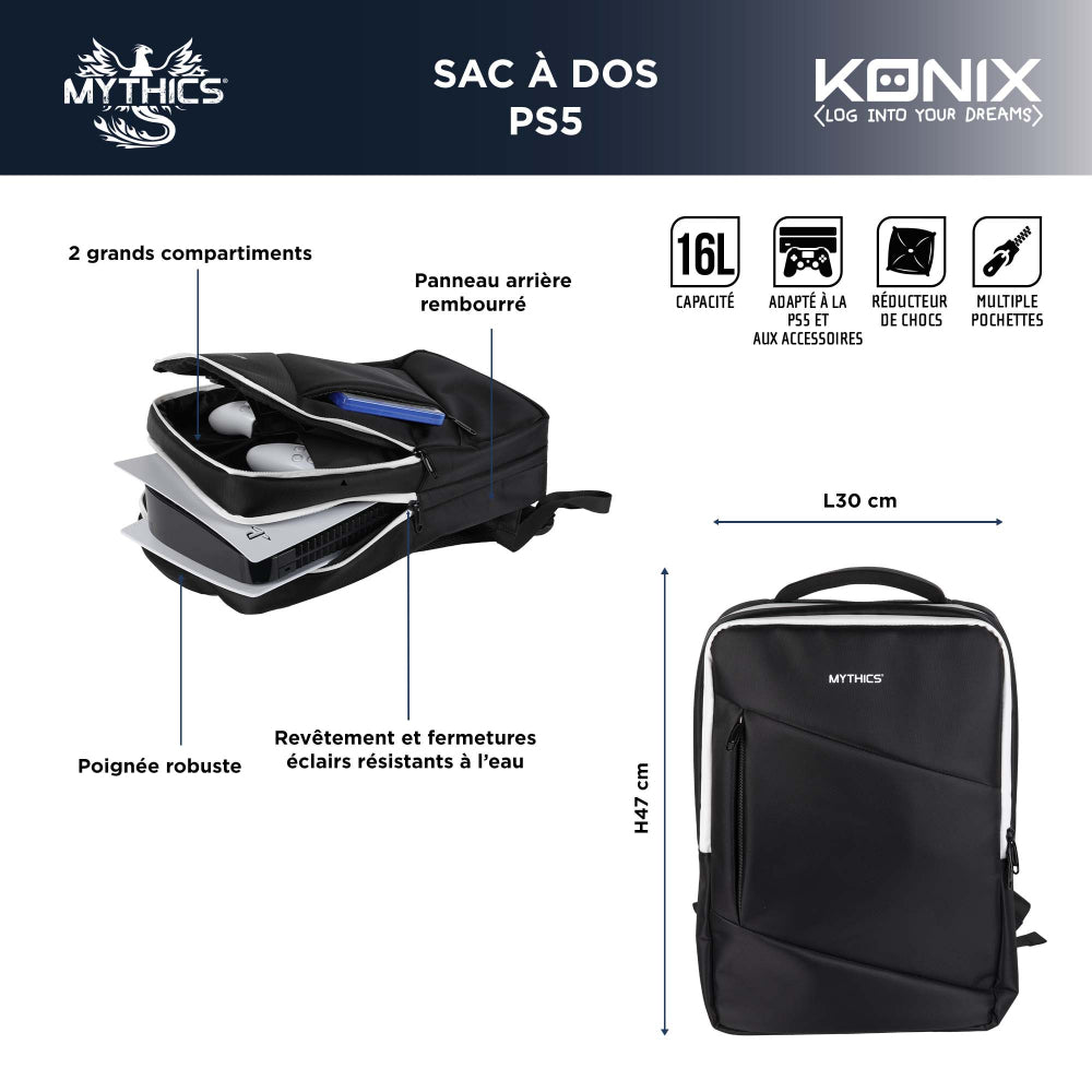 Sac a dos de transport - KONIX Mythics - Titan - Console et accessoires PS5 - Volume 16 L - Noir et blanc