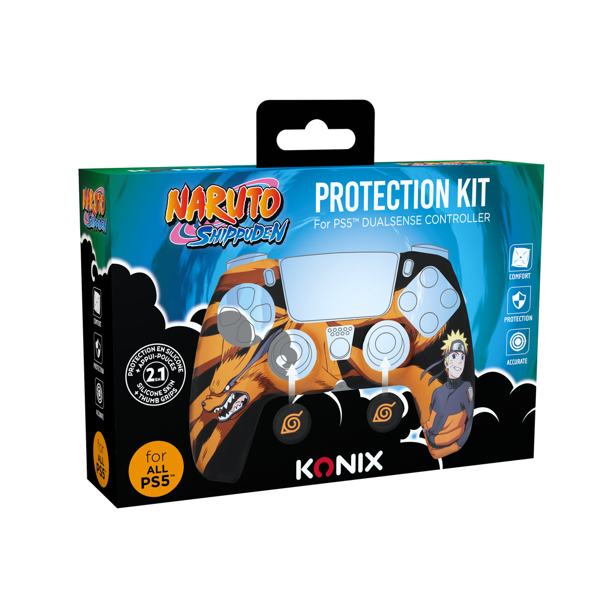 Coque de protection pour manette - KONIX - Naruto Shippuden - DualSense PS5 - Silicone - Motif Kurama/Kyűbi et Naruto - Noir