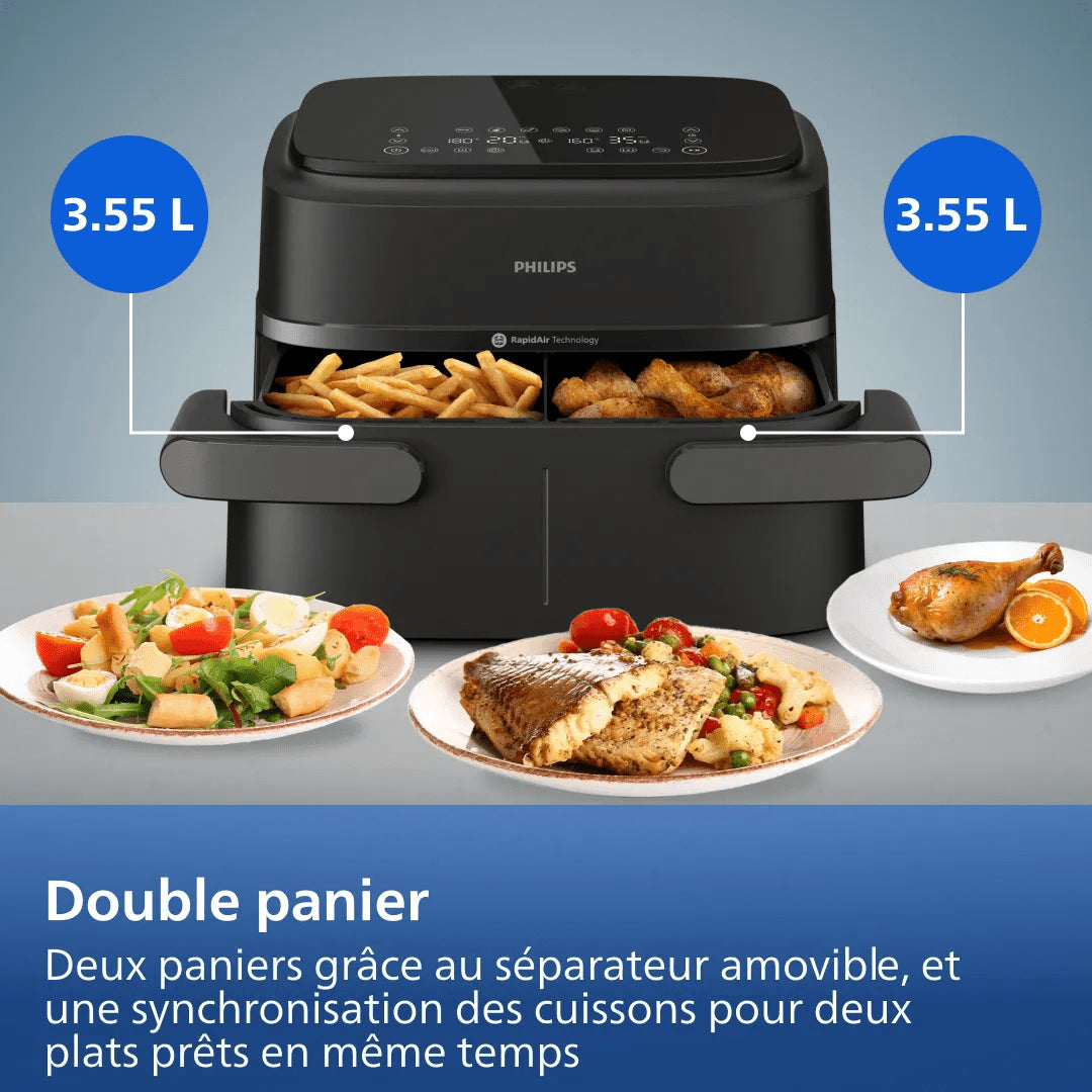 Friteuse sans huile - PHILIPS - NA150/00 - Airfryer Série 1000 - Panier flexible 7.L - Séparateur amovible - 2400W - Noir