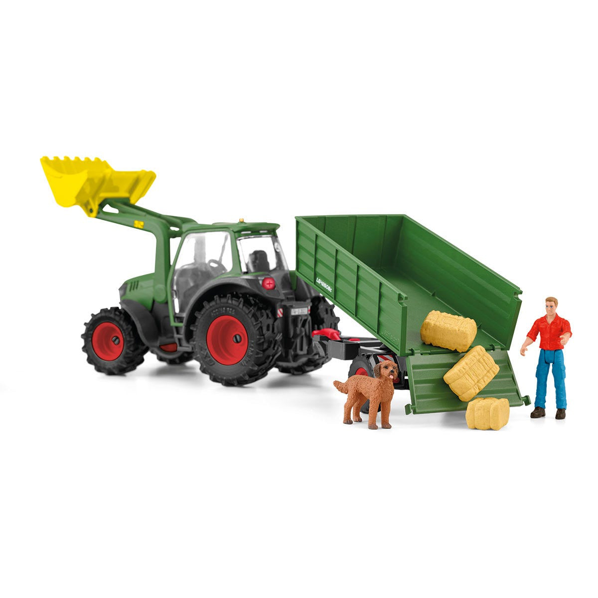 Tracteur et remorque, Coffre schleich avec 1 tracteur, 1 rremorque, 1 figurine humaine articulée, 1 figurine chien, pour enfants