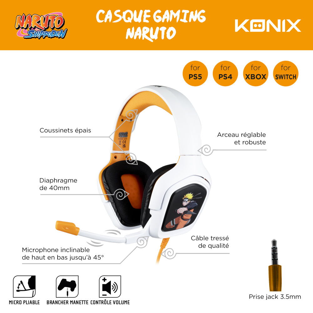 Casque gaming - Filaire - PS4, PS5, Switch, Xbox One et Series X|S - Konix - Naruto Shippuden - Microphone - Câble 1,5 m - Naruto