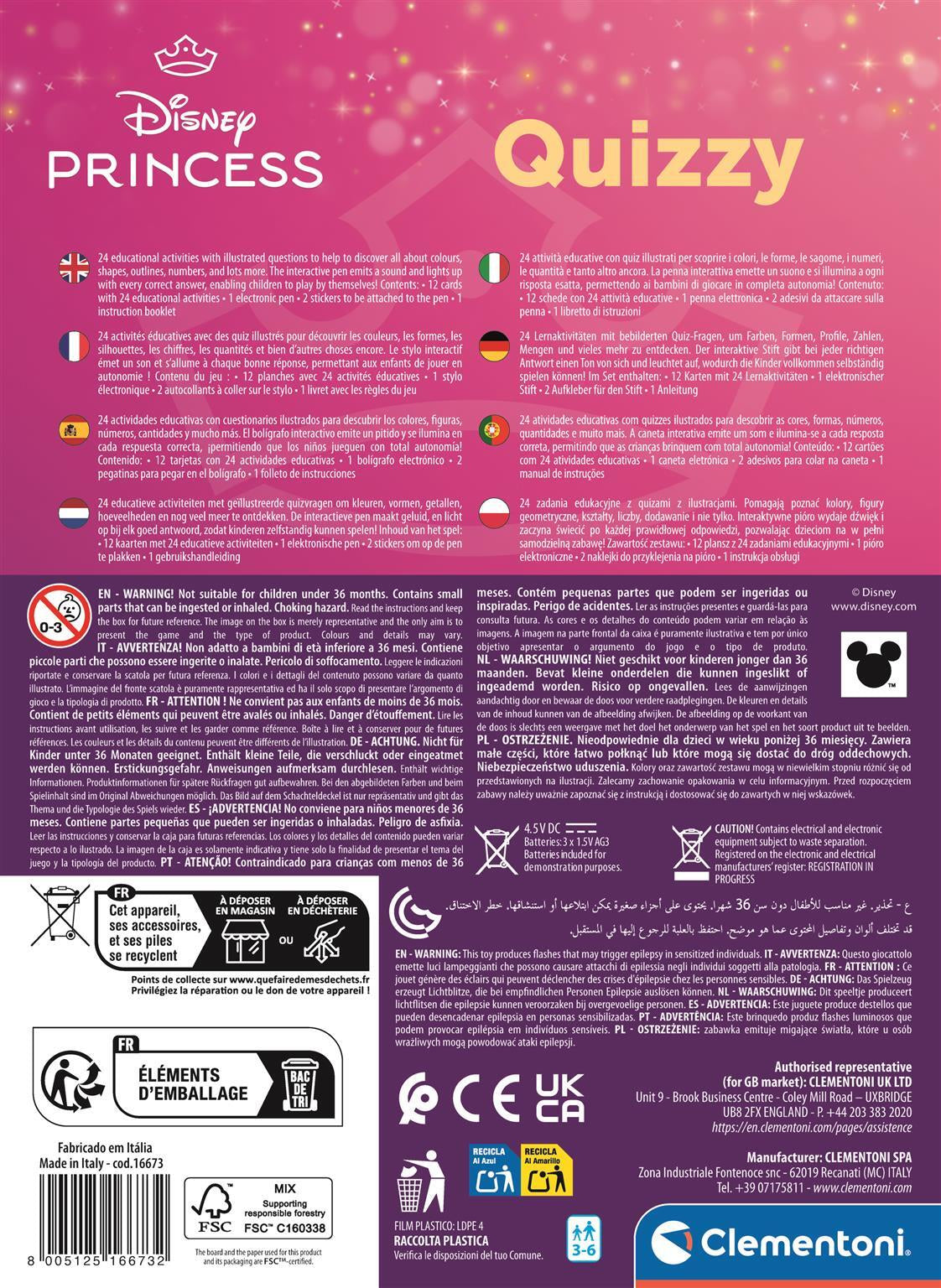 Clementoni - Quizzy - Disney Princesses - Jeu avec stylo intéractif - Sonore et lumineux - Des 3ans