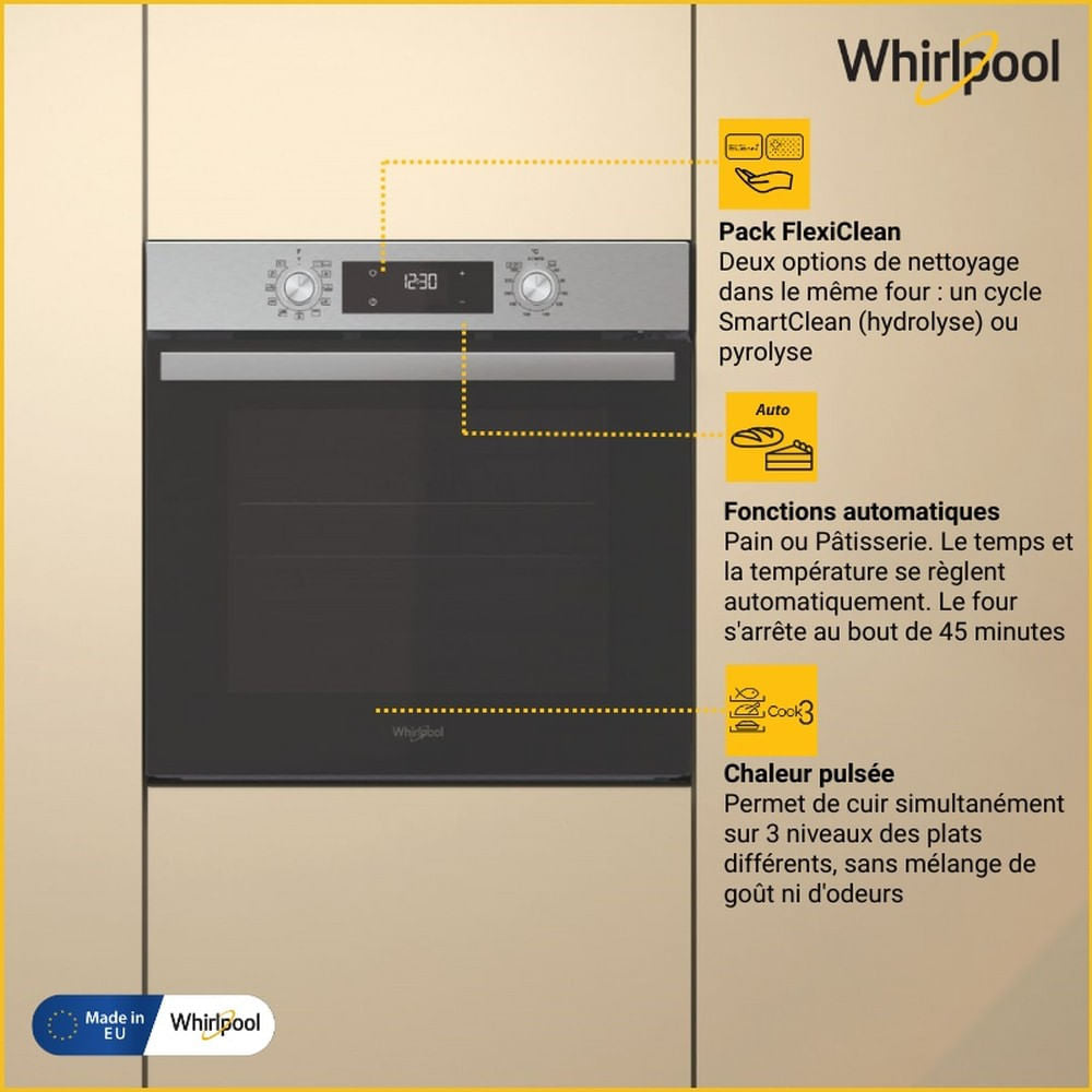 Four encastrable - Pyrolyse + Hydrolyse - Multifonction Chaleur pulsée - WHIRLPOOL - OMR58RU0SX - Inox - Porte froide