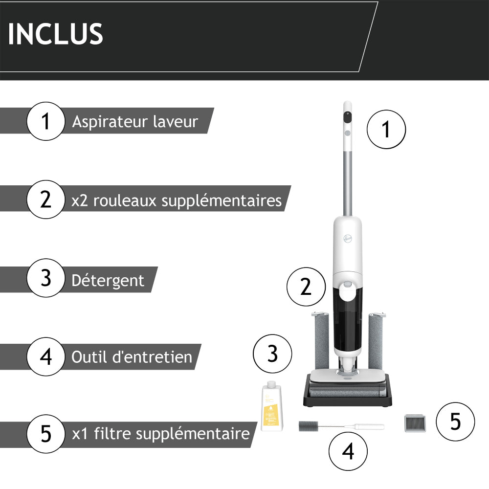 HOOVER HW500 - Aspirateur Balai Laveur sans Fil Eau et Poussiere - Double Rouleau - Moteur Haute Performance 230W