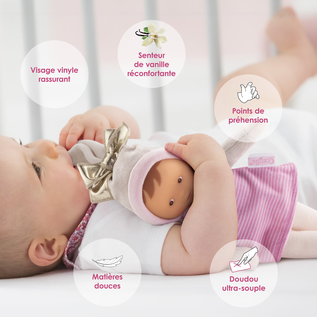 Mon Doudou COROLLE - Miss Rayée Reves d'Etoiles - 25 cm - petite poupée - senteur de vanille - des la naissance