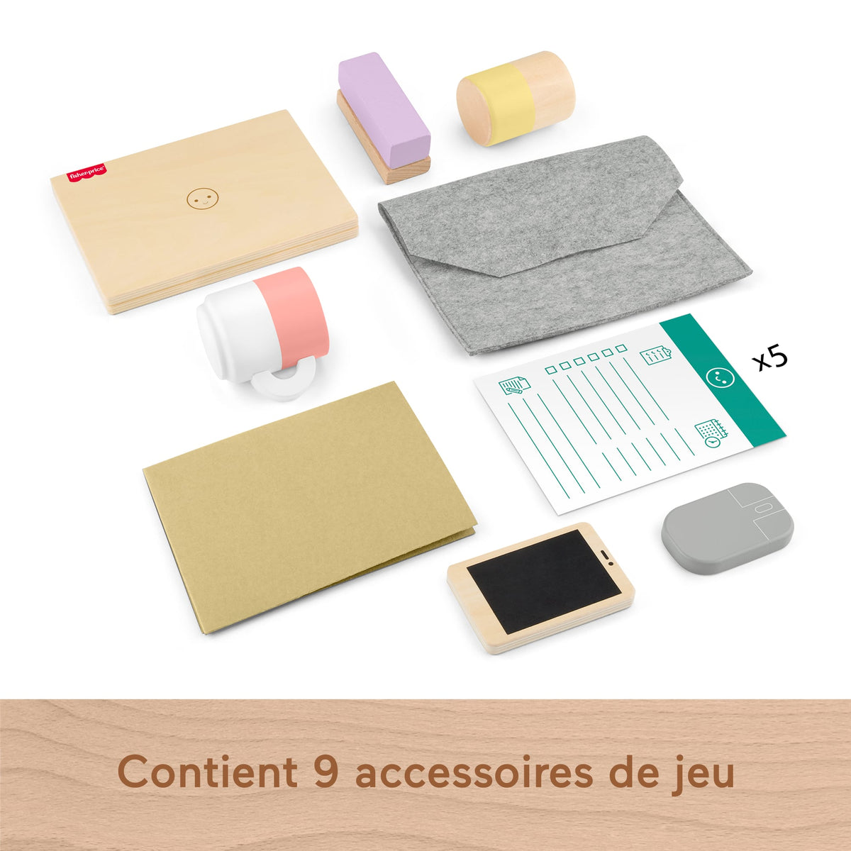 FISHER-PRICE Set de télétravail en Bois, 9 éléments avec ordinateur portable et téléphone en bois HXV11