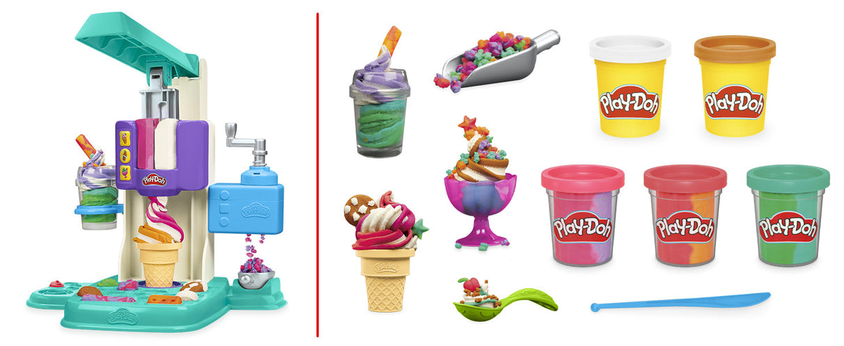 PlayDoh Mes Glaces Arc-en-Ciel, Pâte a modeler, Machine a Creme Glacée factice, 5 pots de 56 g et accessoires, des 3 ans