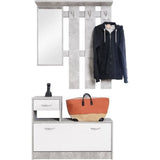 Vestiaire Rudolf - Décor béton structuré / blanc - 100 x 180 x 25 cm - 1 meuble a chaussures -  1 miroir - 4 crochets