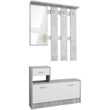 Vestiaire Rudolf - Décor béton structuré / blanc - 100 x 180 x 25 cm - 1 meuble a chaussures -  1 miroir - 4 crochets