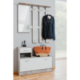 Vestiaire Rudolf - Décor béton structuré / blanc - 100 x 180 x 25 cm - 1 meuble a chaussures -  1 miroir - 4 crochets