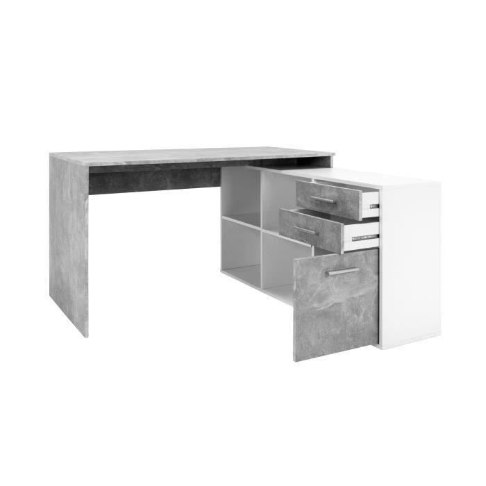 Bureau d'angle LONDON - Panneaux de particules - DÈcor bÈton structurÈ, blanc - 136 x 75 x 139 cm