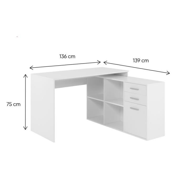Bureau d'angle LONDON - Panneaux de particules - Décor blanc - 136 x 75 x 139 cm
