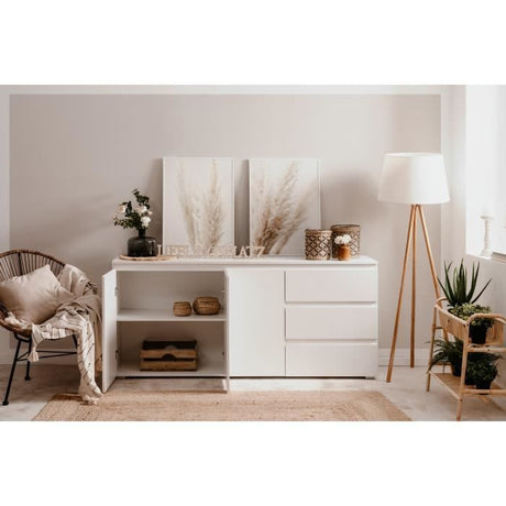Buffet Capetown - Décor blanc brillant - Panneaux de particules - 3 portes - 3 étageres - 3 tiroirs - 179 x 80,5 x 40 cm