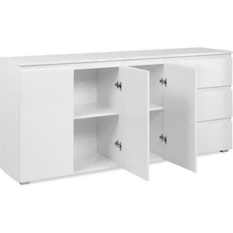 Buffet Capetown - Décor blanc brillant - Panneaux de particules - 3 portes - 3 étageres - 3 tiroirs - 179 x 80,5 x 40 cm