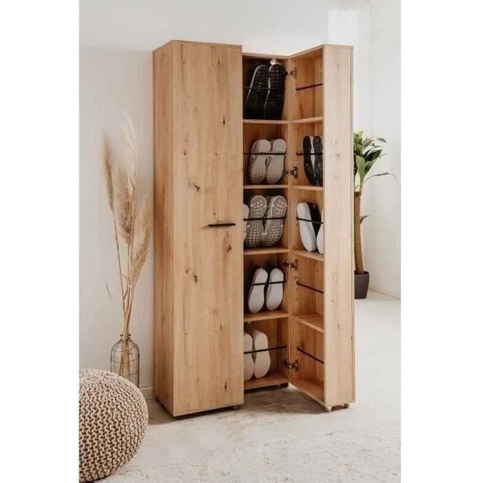 Meuble a chaussures Lugo - Décor chene artisan - 74 x 181,5 x 34 cm - Capacité 32 Paires