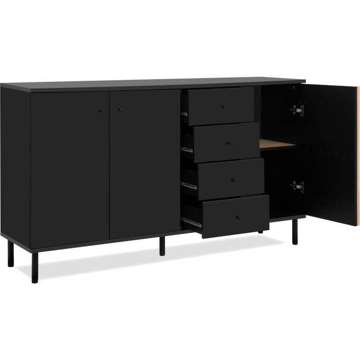 Buffet - MONZA - DÈcor noir / chene artisan - 3 portes - 4 tiroirs - 160 x 90 x 40 cm