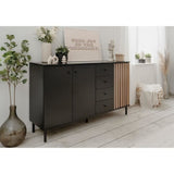 Buffet - MONZA - DÈcor noir / chene artisan - 3 portes - 4 tiroirs - 160 x 90 x 40 cm