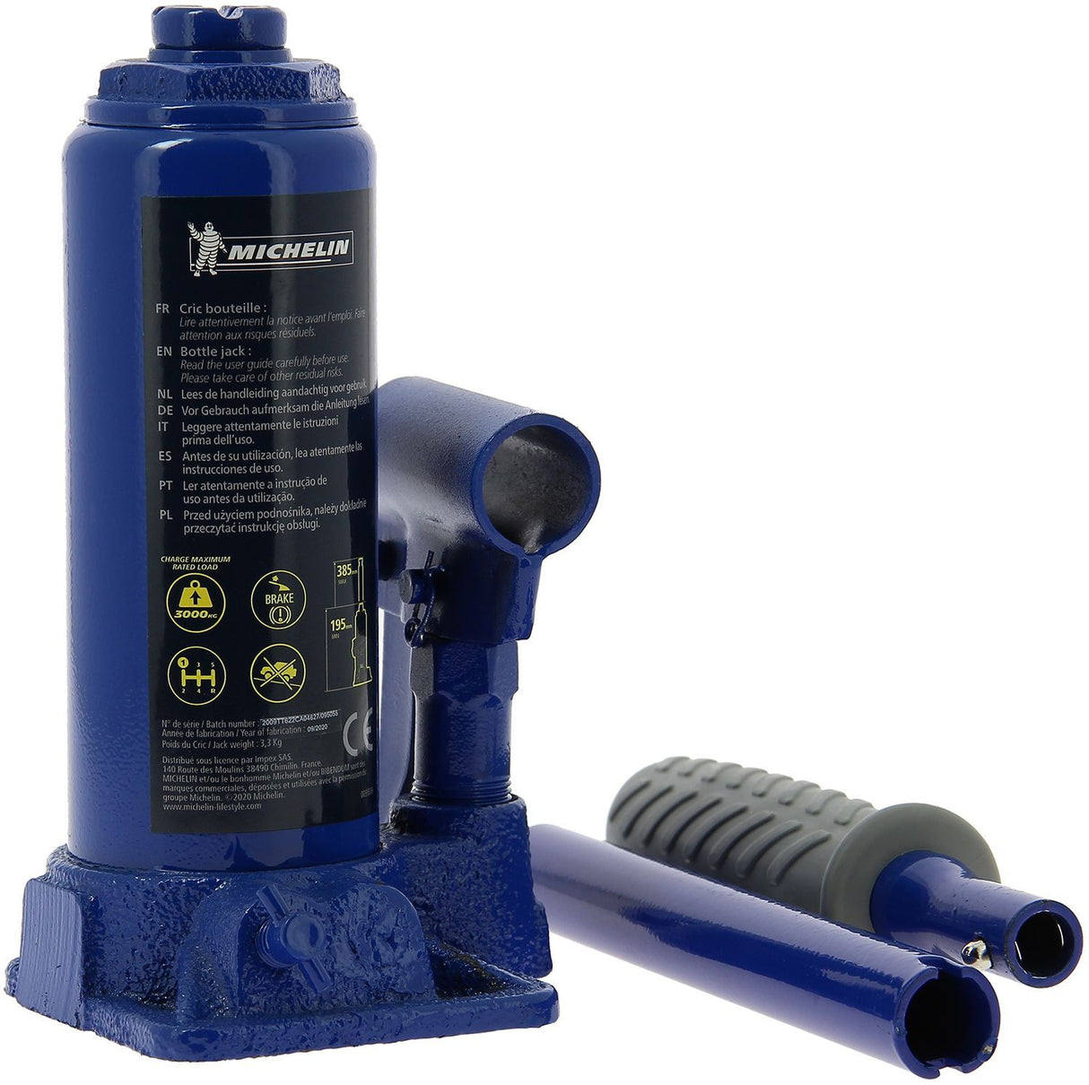 Cric hydraulique bouteille 3 tonnes hauteur levage 195mm a 385mm - MICHELIN - Pour le levage de voiture, SUV, utilitaires, 4x4.