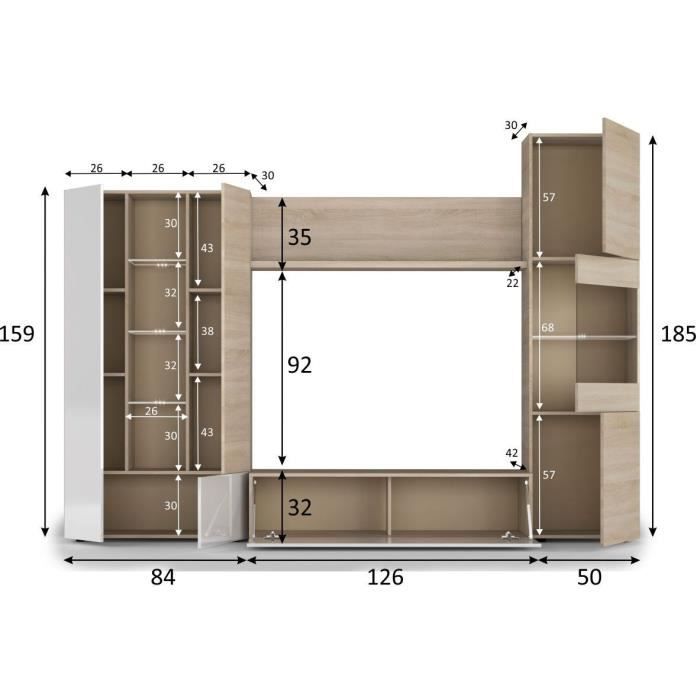 ESSENCIAL Meuble TV avec LED classique blanc brillant et dÈcor chene - L 260 cm