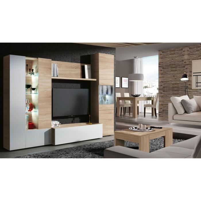 ESSENCIAL Meuble TV avec LED classique blanc brillant et dÈcor chene - L 260 cm