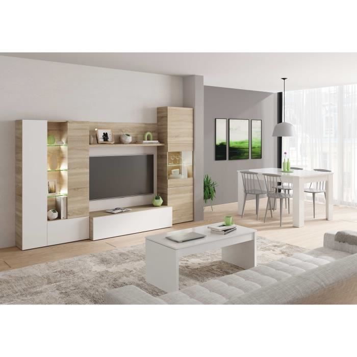 ESSENCIAL Meuble TV avec LED classique blanc brillant et dÈcor chene - L 260 cm