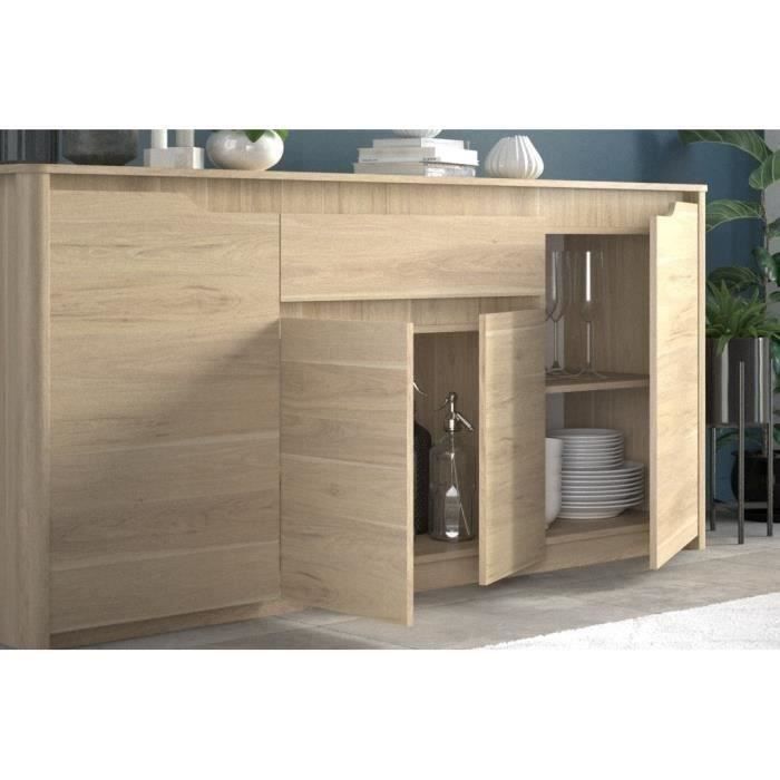 Buffet bas - Panneaux de particules - Décor chene dakota - 4 portes + 1 tiroir - Betty - L 185 x P 46 x H 85,5 cm
