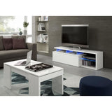 Meuble TV réversible BLUE-TECH - Mélaminé blanc laqué - 1 Porte abattante - LED - Blanc brillant - L150 x P41 x H43 cm