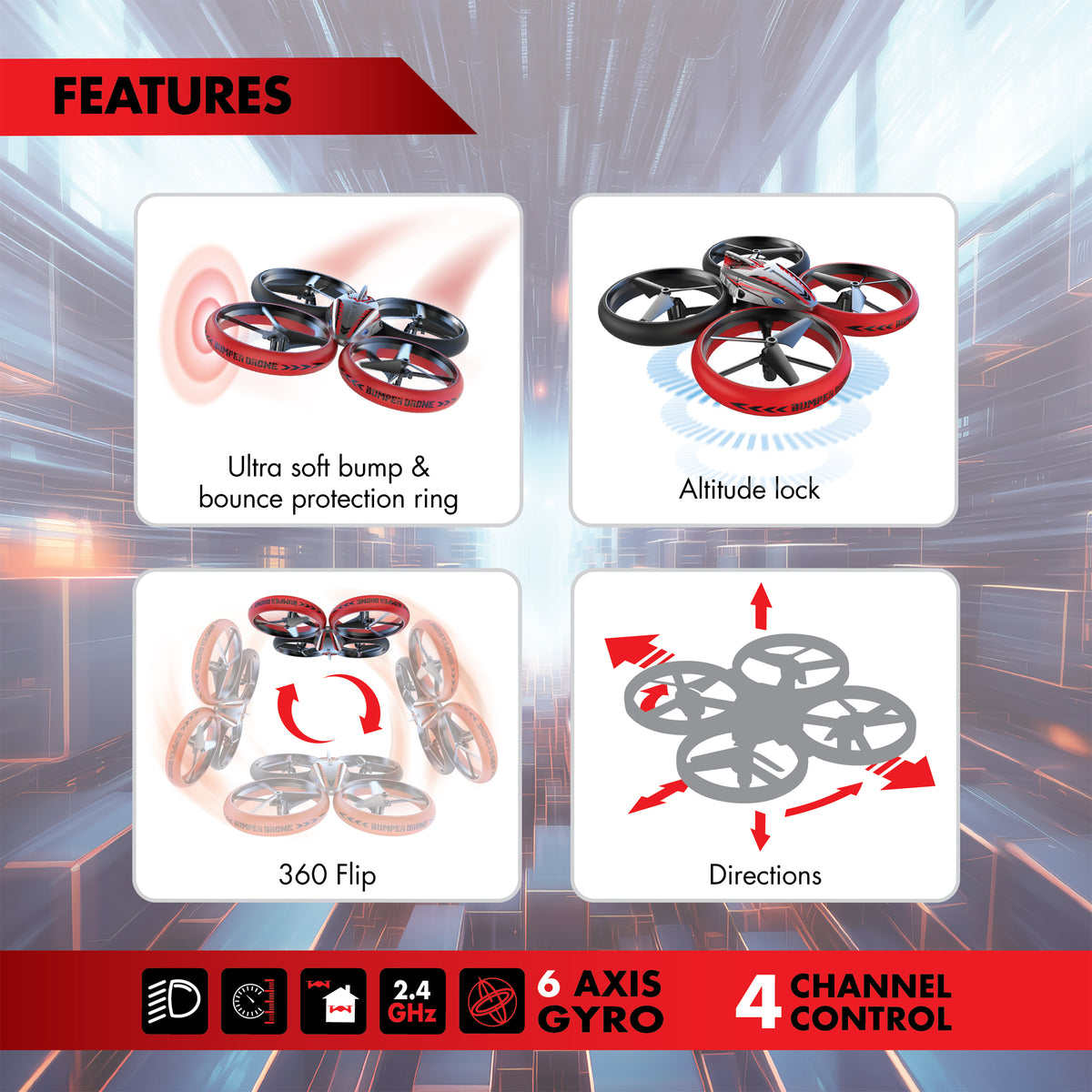 Drone Télécommandé - FLYBOTIC - Bumper Drone Lit - 17 cm - rouge et noir - des 8 ans